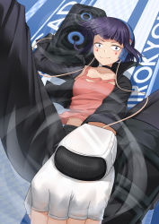Rule 34 | 1girl, anarchojs, black hair, black jacket, black pants, boku no hero academia, breasts, carrying, commentary request, facial mark, fingerless gloves, foreshortening, from below, gloves, highres, holding, jacket, jirou kyouka, looking at viewer, music box, pants, pink shirt, purple hair, shirt, short hair, shoulder carry, small breasts, smile, solo, sound wave, speaker, spread legs, torn clothes, torn shirt, white gloves