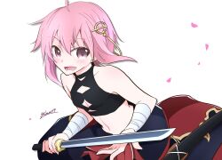 Rule 34 | 1girl, argyle, argyle clothes, argyle cutout, bandaged arm, bandages, bare shoulders, breasts, cleavage, clothing cutout, commentary, crop top, falling petals, fudou yukimitsu (tenka hyakken), hair ornament, highres, lower teeth only, open mouth, petals, pink eyes, pink hair, scabbard, sheath, short hair, short hair with long locks, short sword, small breasts, smile, solo, sword, tantou, teeth, tenka hyakken, tubasa49, twitter username, waist cape, weapon, white background