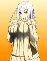 Rule 34 | 10s, 1girl, abyssal ship, blue eyes, blush, breasts, colorized, kantai collection, kuromen, kuroteru (just-shiny), large breasts, long hair, long sleeves, naked sweater, pale skin, personification, ribbed sweater, shiki (psychedelic g2), silver hair, sleeves past wrists, smile, solo, sweater, ta-class battleship