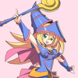 Rule 34 | 1girl, :d, arm up, armpits, bare shoulders, blonde hair, blush, breasts, choker, cleavage, dark magician girl, degarashi (ponkotsu), duel monster, female focus, green eyes, hat, long hair, looking at viewer, magical girl, medium breasts, no bra, open mouth, simple background, smile, solo, staff, wizard hat, yu-gi-oh!, yuu-gi-ou, yu-gi-oh! duel monsters