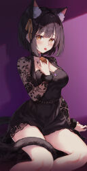 Rule 34 | 1girl, absurdres, animal ear fluff, animal ears, arm support, bare legs, bell, black dress, black hair, blush, breasts, cat ears, cat tail, chilia012, cleavage, collarbone, commentary, dress, extra ears, fingernails, floral print, hair ribbon, highres, idolmaster, idolmaster cinderella girls, looking at viewer, medium breasts, nail polish, neck bell, ribbon, see-through, see-through sleeves, short hair, simple background, sitting, solo, symbol-only commentary, tail, takafuji kako, tongue, tongue out