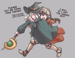 Rule 34 | 2girls, alternate costume, annoyed, armor, blue eyes, brown hair, carrying, diana cavendish, english text, highres, kagari atsuko, knight, little witch academia, long hair, multicolored hair, multiple girls, princess carry, red eyes, running, scared, simple background, staff, two-tone hair, usbfan, witch, yuri
