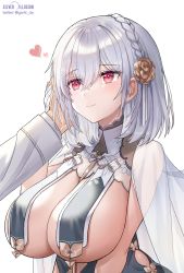 Rule 34 | 1girl, azur lane, braid, breast curtains, breasts, china dress, chinese clothes, commander (azur lane), dress, flower, gloves, hair flower, hair ornament, half gloves, hand on another&#039;s cheek, hand on another&#039;s face, heart, highres, holding hands, huge breasts, jaeyun, long sleeves, looking at another, neckwear between breasts, red eyes, revealing clothes, see-through, short hair, side braid, sirius (azur lane), sirius (azure horizons) (azur lane), watermark, white background, white gloves, white hair