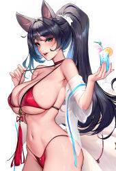 Rule 34 | 1girl, ahri (league of legends), animal ears, bikini, black hair, blue eyes, breasts, choker, cian yo, cup, drinking glass, facial mark, food, fox ears, fox girl, fox tail, fruit, highres, large breasts, league of legends, lemon, lemon slice, lipstick, makeup, multiple tails, ponytail, red bikini, red choker, shiny swimsuit, skindentation, swimsuit, tail, thick thighs, thighs, whisker markings, white background