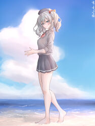 Rule 34 | 1girl, absurdres, atodashi, barefoot, beach, beret, black hat, black skirt, blue eyes, blue sky, breasts, cloud, collared shirt, day, from side, full body, grey hair, grey shirt, hat, highres, kantai collection, kashima (kancolle), large breasts, looking at viewer, miniskirt, neckerchief, ocean, outdoors, pleated skirt, red neckerchief, shirt, sidelocks, skirt, sky, smile, solo, standing, twintails, wavy hair