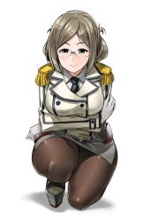 Rule 34 | 10s, 1girl, black pantyhose, blush, breasts, crotch seam, epaulettes, female focus, folded ponytail, glasses, gloves, green eyes, grey hair, highres, kantai collection, katori (kancolle), large breasts, looking at viewer, military, military uniform, miniskirt, necktie, panties, panties under pantyhose, pantyhose, simple background, skirt, smile, solo, squatting, tachibana roku, underwear, uniform, upskirt, white background