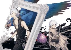Rule 34 | 2boys, belt, bird, black gloves, black hair, blue eyes, book, bracelet, cane, child, cloak, closed mouth, coat, collarbone, debris, devil may cry (series), devil may cry 5, dual persona, fingerless gloves, gloves, grey eyes, griffon (devil may cry 5), griffon (devil may cry 5), highres, holding, holding book, holding cane, holding sword, holding weapon, jewelry, katana, looking at viewer, male focus, monster, multicolored hair, multiple boys, necklace, nightmare (devil may cry), nightmare (devil may cry), official art, ogata tomio, open mouth, panther, picture frame, shadow (devil may cry 5), shadow (devil may cry 5), shorts, skinny, spoilers, sword, thick eyebrows, topless male, torn cloak, torn clothes, two-tone hair, v (devil may cry), vergil (devil may cry), weapon, white background, white hair, yamato (sword), aged down
