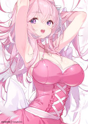 Rule 34 | 1girl, armpits, arms behind head, arms up, bare shoulders, blush, breasts, cleavage, dorothy (nikke), dorothy (nostalgia) (nikke), dress, goddess of victory: nikke, hong (white spider), large breasts, long hair, looking at viewer, open mouth, pink dress, pink hair, purple eyes, smile, solo