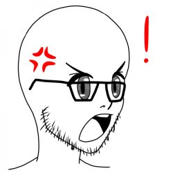 Rule 34 | !, 1boy, anger vein, angry, animification, facial hair, glasses, greyscale, looking to the side, male focus, monochrome, non-web source, off-topic, open mouth, portrait, simple background, solo, spot color, teeth, upper teeth only, white background, wojak