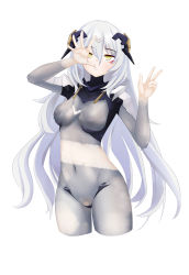 Rule 34 | 1girl, absurdres, arms up, bodysuit, breasts, closed mouth, cropped legs, feet out of frame, girls&#039; frontline, grey bodysuit, hair ornament, highres, korean commentary, light blush, long hair, long sleeves, looking at viewer, medium breasts, navel, nonoan jp, nyto (girls&#039; frontline), paradeus, solo, standing, stomach, tareus (girls&#039; frontline), torn bodysuit, torn clothes, v, white background, white hair, yellow eyes