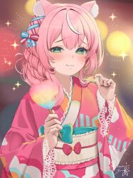 Rule 34 | 1girl, :3, absurdres, animal ear fluff, animal ears, blurry, blush, bokeh, candy, cat ears, cotton candy, depth of field, eating, food, hair between eyes, hanazawa ma, highres, holding, holding candy, holding food, japanese clothes, kimono, looking at viewer, nijisanji, nijisanji kr, obi, pink hair, pink kimono, pink nails, sash, signature, solo, sparkle, summer festival, virtual youtuber, yang nari, yukata