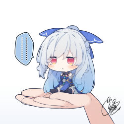 Rule 34 | ..., 1girl, 1other, :&lt;, beni shake, black thighhighs, blue dress, blue ribbon, blue sleeves, chibi, closed mouth, commentary request, detached sleeves, dress, grey hair, hair ribbon, hand up, honkai: star rail, honkai (series), in palm, jingliu (honkai: star rail), long hair, long sleeves, mini person, minigirl, ponytail, red eyes, ribbon, signature, simple background, sitting, solo focus, spoken ellipsis, thighhighs, very long hair, white background