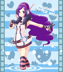 Rule 34 | 1girl, aono miki, belt, cosplay, eyelashes, fresh precure!, gloves, headphones, headset, highres, long hair, name connection, owarine miku, precure, purple eyes, purple hair, sf-a2 miki, sf-a2 miki (cosplay), socks, solo, submerged, vocaloid, wading, wrist cuffs