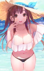 Rule 34 | 1girl, :d, bare shoulders, bikini, black bikini, breasts, brown eyes, brown hair, brown hat, cleavage, collarbone, day, hand up, hat, highres, idolmaster, idolmaster shiny colors, kuri choko, large breasts, long hair, looking at viewer, mismatched bikini, navel, off shoulder, open mouth, outdoors, revision, smile, solo, sonoda chiyoko, stomach, straw hat, swimsuit, thighs, two side up, wading, water, white bikini