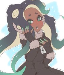 Rule 34 | 1girl, aqua hair, aqua skin, black collar, black gloves, black hair, cephalopod eyes, coat, collar, colored skin, commentary, dark-skinned female, dark skin, finger to face, fur-trimmed coat, fur trim, gloves, gradient hair, green eyes, hand in own hair, hand on own chest, highres, light frown, long hair, long sleeves, looking at viewer, makeup, marina (splatoon), mole, mole under mouth, multicolored hair, multicolored skin, nintendo, octoling, open mouth, pink pupils, prat rat, solo, sparkle, standing, suction cups, tentacle hair, zipper pull tab