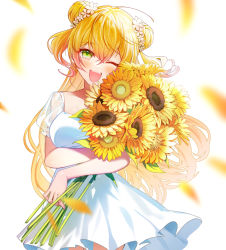 Rule 34 | 1girl, ;d, blonde hair, breasts, commentary request, double bun, dress, flower, gradient hair, green eyes, hair between eyes, hair bun, hair flower, hair ornament, head tilt, highres, holding, holding flower, hololive, long hair, looking at viewer, medium breasts, momosuzu nene, multicolored hair, one eye closed, open mouth, petals, pink hair, see-through, see-through sleeves, short sleeves, simple background, smile, solo, streaked hair, sunflower, syandega, two side up, virtual youtuber, white background, white dress, white flower, yellow flower