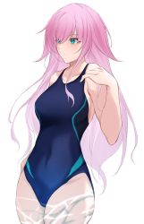 Rule 34 | 1girl, absurdres, bare arms, bare shoulders, blue eyes, blue one-piece swimsuit, breasts, closed mouth, collarbone, competition swimsuit, cowboy shot, hair over one eye, hand up, highres, long hair, looking away, medium breasts, nijisanji, one-piece swimsuit, pink hair, simple background, solo, standing, swimsuit, very long hair, virtual youtuber, water, white background, yuki maccha (yukimattya10), yuuhi riri