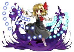 Rule 34 | 1girl, ascot, blonde hair, danmaku, darkness, hair ornament, hair ribbon, kneehighs, long sleeves, md5 mismatch, open mouth, outstretched arms, red eyes, resized, resolution mismatch, ribbon, rumia, shirt, shoes, short hair, skirt, skirt set, smile, socha, socks, solo, source larger, touhou, vest, white background, white socks