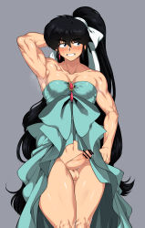 Rule 34 | 1boy, absurdres, arm behind head, armpits, blush, crossdressing, dress, earrings, embarrassed, grin, highres, jewelry, long hair, male focus, nekogohan96, pectorals, penis, ranma 1/2, saotome ranma, smile, solo, thighs, very long hair