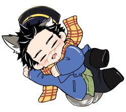 Rule 34 | 1boy, animal ears, black hair, boots, chibi, dog boy, dog ears, dog tail, drooling, facial scar, from above, golden kamuy, hat, highres, kepi, male focus, military hat, mouth drool, scar, scar on cheek, scar on face, scar on mouth, scar on nose, scarf, short hair, simple background, sleeping, solo, sugimoto saichi, tail, yuchio (4540mgmg)