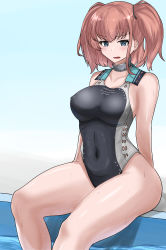 Rule 34 | 1girl, absurdres, atlanta (kancolle), black one-piece swimsuit, breasts, brown hair, competition swimsuit, cosplay, covered navel, grey eyes, highleg, highleg swimsuit, highres, kantai collection, large breasts, long hair, multicolored clothes, multicolored swimsuit, one-piece swimsuit, scamp (kancolle), scamp (kancolle) (cosplay), sitting, solo, swimsuit, tokiwa senkei, two side up, wet, white one-piece swimsuit