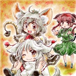 Rule 34 | 3girls, :d, ahoge, animal ears, bow, braid, carrying, cat ears, cat girl, cat tail, detached sleeves, female focus, grey hair, hair bow, hat, inubashiri momiji, kaenbyou rin, lowres, mouse (animal), mouse ears, mouse tail, multiple girls, multiple tails, nanashii (soregasisan), nazrin, oekaki, one eye closed, open mouth, red eyes, red hair, short hair, shoulder carry, smile, standing, tail, teardrop, tokin hat, touhou, twin braids, wink, wolf ears, wolf tail