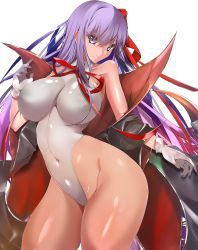 Rule 34 | 1girl, absurdres, bare shoulders, bat wings, bb (fate), bb (fate) (all), bb (swimsuit mooncancer) (fate), bb (swimsuit mooncancer) (third ascension) (fate), black coat, blush, breasts, coat, fate/grand order, fate (series), gloves, hair ribbon, highleg, highleg leotard, highres, large breasts, leotard, long hair, looking at viewer, neck ribbon, open clothes, open coat, popped collar, purple eyes, purple hair, red ribbon, ribbon, smile, solo, thighs, very long hair, white gloves, white leotard, wings, yahoo0124