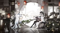 Rule 34 | 2girls, absurdly long hair, absurdres, architecture, azur lane, black footwear, black hair, black thighhighs, book, breasts, chen hai (azur lane), chinese clothes, clock, closed mouth, criss-cross halter, cup, desk lamp, detached sleeves, east asian architecture, expressionless, fffbbbfb, full body, gradient hair, grandfather clock, grey hair, hai tien (azur lane), halterneck, hanging scroll, high heels, highres, holding, holding book, holding smoking pipe, indoors, kiseru, lamp, lantern, large breasts, legs, light smile, long hair, long sleeves, looking at viewer, medium breasts, multicolored hair, multiple girls, on stool, paper lantern, plant, ponytail, potted plant, red eyes, reflective floor, scroll, sidelocks, single thighhigh, sitting, smoking pipe, stool, swept bangs, teacup, teapot, thighhighs, thighs, vase, very long hair, white footwear, white hair, white thighhighs, wide sleeves, wooden floor, yellow eyes