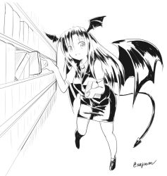 Rule 34 | 1girl, :d, bat wings, book, bookshelf, breasts, demon tail, full body, greyscale, head wings, holding, holding book, koakuma, long hair, low wings, monochrome, necktie, open mouth, puffy short sleeves, puffy sleeves, shoes, short sleeves, sidelocks, skirt, skirt set, slit pupils, smile, solo, tail, taurine 8000mg, touhou, twitter username, vest, wings