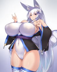 Rule 34 | 1girl, absurdres, animal ears, bare shoulders, blue eyes, blush, borrowed character, breasts, covered erect nipples, cowboy shot, curvy, fox ears, fox tail, gradient background, highres, huge breasts, japanese clothes, leotard, long hair, looking at viewer, mizuki (kutan), navel, original, pinwheel hair ornament, puffy nipples, silver hair, smile, solo, stomach, tail, thighhighs, tylwing, white thighhighs