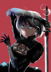 Rule 34 | 1girl, absurdres, aqua eyes, arm up, black dress, black gloves, blue eyes, breasts, cleavage, cleavage cutout, closed mouth, clothing cutout, dashu shushu, dress, eyelashes, gloves, grey hair, hair between eyes, hand up, highres, holding, holding sword, holding weapon, juliet sleeves, katana, lips, long sleeves, looking at viewer, medium breasts, nier (series), nier:automata, no blindfold, no mole, nose, pink lips, puffy sleeves, red background, ribbed dress, ribbon, ribbon-trimmed dress, ribbon trim, short hair, simple background, solo, sword, tassel, turtleneck, upper body, vambraces, weapon, white ribbon, 2b (nier:automata)