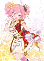 Rule 34 | 1girl, across the stars, arm up, belt, blush, boots, breasts, clock, cowboy shot, dress, epaulettes, eyelashes, fang, feather hair ornament, feathers, gloves, hair ornament, hair ribbon, happy birthday, idolmaster, idolmaster cinderella girls, jougasaki mika, lace, leg up, lipstick, looking at viewer, makeup, medium breasts, mizuki makoto, necktie, open mouth, pink hair, plaid, plaid dress, ribbon, short sleeves, short twintails, smile, solo, star (symbol), starry background, twintails, twitter username, v, wavy hair, white footwear, white gloves, yellow eyes, yellow ribbon