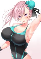 Rule 34 | 1girl, arm up, armpits, asymmetrical hair, bare shoulders, black one-piece swimsuit, black ribbon, blue one-piece swimsuit, blush, breasts, bun cover, cleavage, clothing cutout, collarbone, competition swimsuit, covered navel, cowboy shot, embarrassed, fate/grand order, fate (series), from side, gradient background, grey background, hair between eyes, hair bun, hair ribbon, highleg, highleg swimsuit, highres, large breasts, long hair, looking at viewer, miyamoto musashi (fate), miyamoto musashi (fate/grand order), miyamoto musashi (swimsuit berserker) (fate), one-piece swimsuit, open mouth, pink hair, ribbon, sankakusui, side cutout, single side bun, smile, solo, standing, swept bangs, swimsuit, two-tone swimsuit, white background, wristband