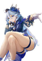 Rule 34 | 1girl, absurdres, ahoge, crossed legs, furina (genshin impact), fusyo fuka, genshin impact, gloves, hat, heterochromia, highres, legs, looking at viewer, revision, short shorts, shorts, sitting, solo, thick thighs, thighs, top hat, white shorts