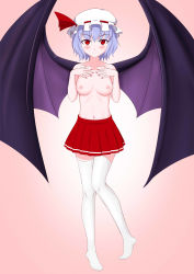 Rule 34 | 1girl, absurdres, blue hair, blush, breasts, full body, hat, highres, looking at viewer, medium breasts, navel, nipples, no bra, red eyes, remilia scarlet, shandougen shimifu, simple background, skirt, smile, solo, standing, standing on one leg, thighhighs, topless, touhou, white thighhighs, wings