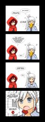 Rule 34 | 2girls, 4koma, closed eyes, comic, emphasis lines, english text, highres, lunarisaileron, multiple girls, pun, ruby rose, rwby, simple background, smile, sneezing, weiss schnee, white background