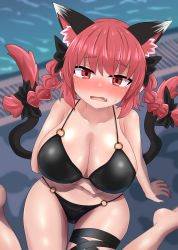 Rule 34 | 1girl, animal ear fluff, animal ears, arm under breasts, barefoot, bikini, black bikini, black bow, black ribbon, blurry, blurry background, blush, bow, braid, breasts, cat ears, cat tail, chups, cleavage, fang, from above, hair bow, highres, huge breasts, kaenbyou rin, leg ribbon, looking at viewer, medium hair, multiple tails, nail polish, nekomata, o-ring, o-ring bikini, open mouth, outdoors, red eyes, red hair, red nails, ribbon, shiny skin, side braids, sitting, solo, sweatdrop, swimsuit, tail, touhou, twin braids, two tails, wariza