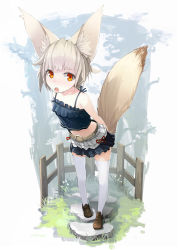 Rule 34 | 1girl, animal ears, arms behind back, bad id, bad pixiv id, bare shoulders, belt, black skirt, camisole, fence, foreshortening, fox ears, fox tail, from above, grey hair, kotobuki ryou, leaning forward, loafers, midriff, miniskirt, navel, open mouth, orange eyes, original, pleated skirt, shoes, short eyebrows, short hair, skirt, solo, tail, thighhighs, white thighhighs, wooden fence