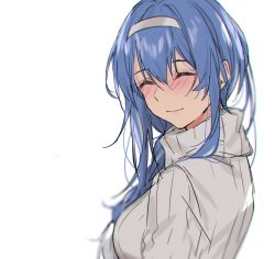 Rule 34 | 1girl, aogisa, bad id, bad pixiv id, blue hair, blush, closed mouth, dp-12 (girls&#039; frontline), closed eyes, girls&#039; frontline, hairband, highres, long hair, smile, solo, sweater, white background, white sweater