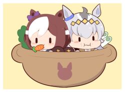 Rule 34 | 2girls, :i, ahoge, animal ears, blush, bow, brown background, brown hair, carrot, chibi, closed mouth, ear bow, eating, food, food on face, food request, gomashio (goma feet), grey hair, horse ears, in pot, multicolored hair, multiple girls, oguri cap (umamusume), purple bow, shirt, simple background, special week (umamusume), two-tone hair, umamusume, wavy mouth, white hair, white shirt, | |