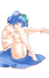 Rule 34 | 1girl, bare legs, barefoot, blue eyes, blue hair, blue skirt, blush, bra, breast press, breasts, cleavage, commentary request, covered erect nipples, green hat, hair bobbles, hair ornament, hat, highres, hugging own legs, kawashiro nitori, knees to chest, large breasts, looking at viewer, non (z-art), one-hour drawing challenge, panties, sitting, skirt, skirt set, solo, strap slip, thighs, touhou, two side up, underwear, white background, white bra, white panties
