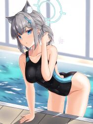 Rule 34 | 1girl, animal ear fluff, animal ears, are you 333, black one-piece swimsuit, blue archive, blue eyes, breasts, commentary request, competition swimsuit, covered navel, cross hair ornament, extra ears, grey hair, hair ornament, halo, highres, leaning forward, looking at viewer, low ponytail, medium breasts, medium hair, mismatched pupils, multicolored clothes, multicolored swimsuit, official alternate costume, one-piece swimsuit, shiroko (blue archive), shiroko (swimsuit) (blue archive), solo, swimsuit, water, wolf ears