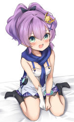Rule 34 | 1girl, :d, absurdres, azur lane, bed sheet, black legwear, blush, bracelet, commentary request, crown, from above, gloves, green eyes, hair ornament, hair ribbon, hairpin, highres, javelin (azur lane), jewelry, long hair, looking at viewer, looking up, micchamu, mini crown, open mouth, plaid, plaid skirt, pleated skirt, ponytail, purple hair, ribbon, sidelocks, simple background, single glove, sitting, skirt, smile, solo, v arms, wariza
