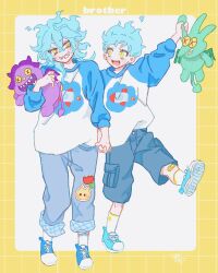 Rule 34 | 2boys, :d, arm up, artist name, bandaid, bandaid on knee, bandaid on leg, blue footwear, blue hair, blue pants, blue shorts, blue sleeves, blush, border, brothers, commentary request, crossed bangs, denim, fiery hair, grin, hair between eyes, holding, holding hands, holding stuffed toy, idia shroud, jeans, khr, leg up, long hair, long sleeves, looking at another, looking to the side, male focus, multiple boys, open mouth, ortho shroud, outside border, pants, print shirt, raglan sleeves, sharp teeth, shirt, shoes, short hair, shorts, siblings, signature, simple background, smile, socks, sticker, stuffed toy, teeth, twisted wonderland, upper teeth only, v-shaped eyebrows, white background, white shirt, white socks, yellow border, yellow eyes