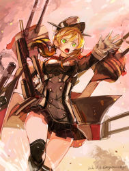 Rule 34 | 1girl, absurdres, black skirt, black thighhighs, blonde hair, breasts, dated, gloves, green eyes, hair between eyes, hat, highres, holding, kantai collection, long hair, long sleeves, medium breasts, military, military uniform, nagasawa tougo, open mouth, peaked cap, pleated skirt, prinz eugen (kancolle), rigging, skirt, solo, thighhighs, twintails, twitter username, uniform, white gloves