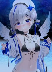 Rule 34 | 1girl, absurdres, amane kanata, amane kanata (work), angel, angel wings, beret, bikini, black bikini, black choker, blue eyes, blue hair, blush, breasts, choker, colored inner hair, eyes visible through hair, feathered wings, hair ornament, hair over one eye, hair over shoulder, hair rings, halo, halterneck, hat, highres, hololive, jacket, long hair, long sleeves, looking at viewer, multicolored hair, nail polish, navel, night, night sky, open clothes, open jacket, open mouth, purple eyes, short hair, sky, small breasts, solo, star (sky), starry sky, stomach, streaked hair, striped, swimsuit, tojo aoi, twintails, upper body, virtual youtuber, white hair, white jacket, wings