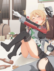 Rule 34 | 10s, 4girls, ^ ^, alcohol, anchor hair ornament, ass, beer, between breasts, bismarck (kancolle), blonde hair, blush, bottle, breasts, closed eyes, cup, drunk, edamame, fairy (kancolle), feet, food, fumo25 radar, gloves, hair ornament, hat, highres, kantai collection, large breasts, laughing, military, military uniform, mini person, minigirl, mug, multiple girls, no shoes, open mouth, panties, peaked cap, person between breasts, pleated skirt, prinz eugen (kancolle), sake bottle, sausage, skirt, solo focus, tachimi (basue), thighhighs, trefoil, twintails, underwear, uniform, whiskey, white gloves, white panties