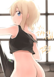 Rule 34 | 1girl, ass, blonde hair, blue eyes, bottomless, erica hartmann, from behind, looking at viewer, out-of-frame censoring, short hair, simple background, solo, strap slip, strike witches, tank top, tsuchii (ramakifrau), world witches series