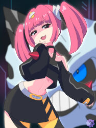 Rule 34 | 1girl, 1other, :3, absurdres, black jacket, black skirt, breasts, coral (pokemon), creatures (company), fang, game freak, gen 3 pokemon, glalie, highres, horns, jacket, long hair, navel, nintendo, off-shoulder shirt, off shoulder, open mouth, pink hair, pokemon, pokemon (anime), pokemon horizons, shirt, skirt, sleeves past wrists, small breasts, smug, snakiestlion, twintails