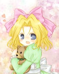 Rule 34 | 00s, 1girl, apron, ayana., blonde hair, blue eyes, blush, bow, bowtie, dress, green dress, hair bow, heart, iris chateaubriand, jean-paul, jean paul, looking at viewer, open mouth, pink bow, puffy sleeves, sakura taisen, short hair, solo, stuffed animal, stuffed toy, teddy bear